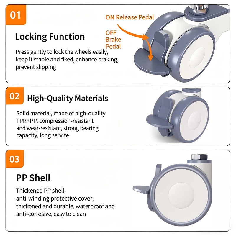 5PCS 2.5 Inch TPR Silent Swivel Casters With Brake