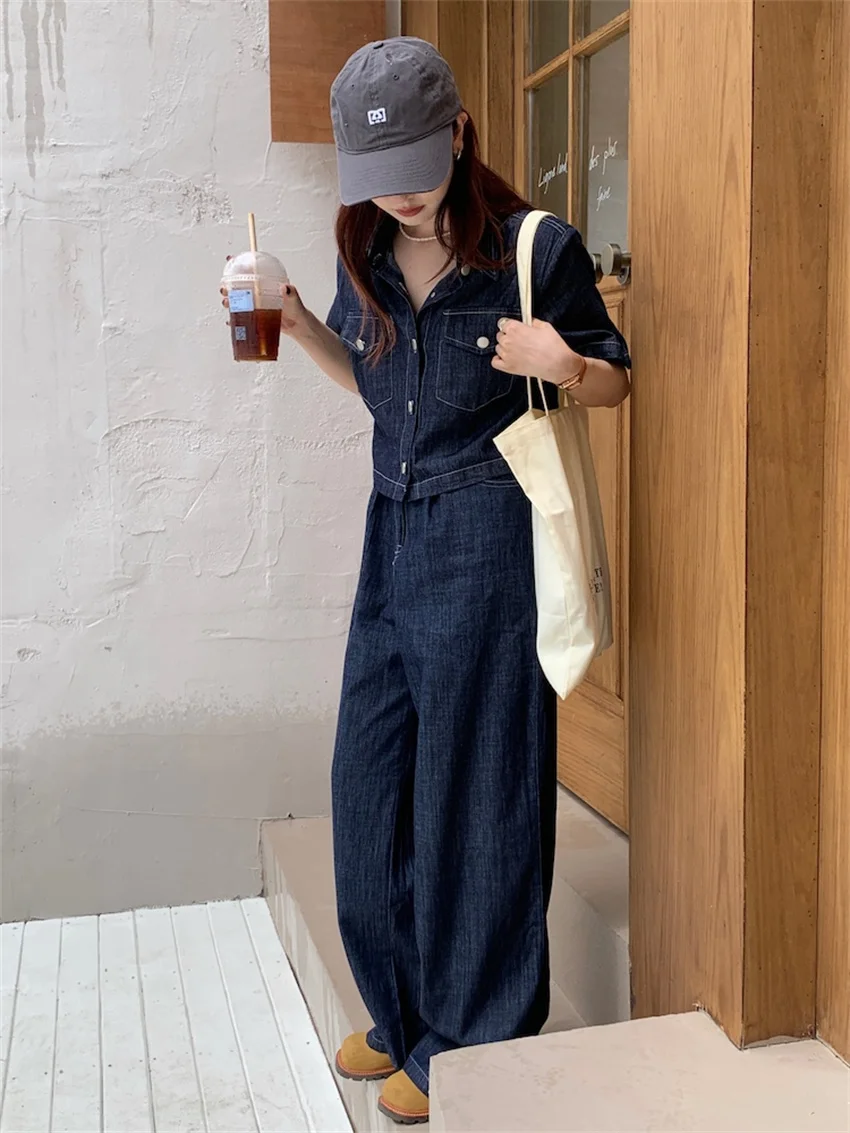 Alien Kitty Blue Denim Two Pieces Sets Women Loose Chic Summer Short Sleeve Coats 2023 Jeanswear New High Waist Slim Pants Suits