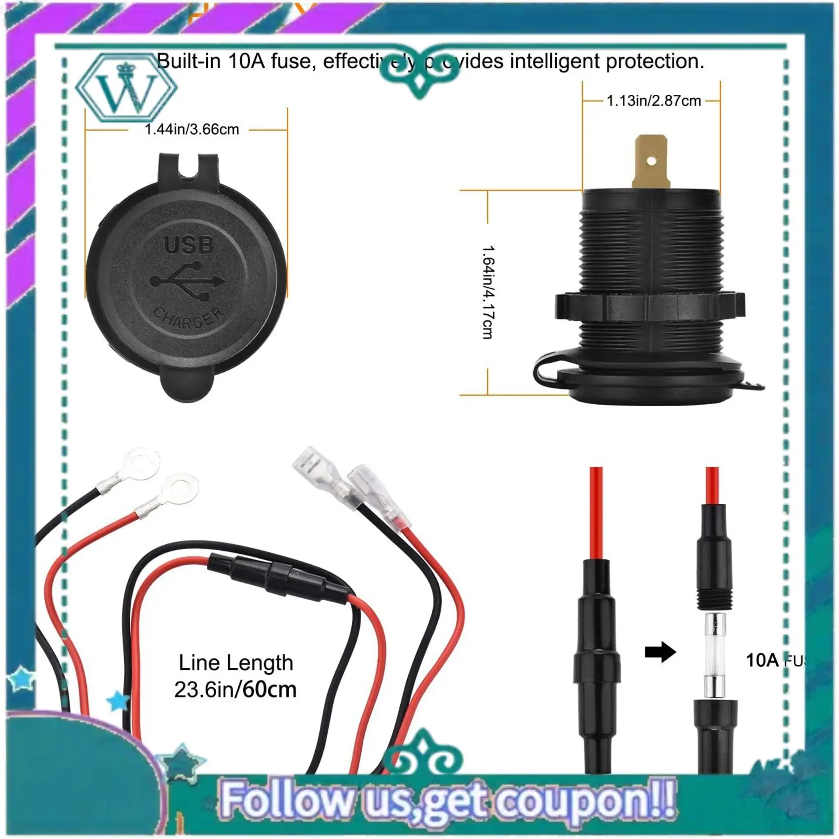 

USB-розетка AA92-12 В, автомобильное зарядное устройство с двумя USB-портами QC 3.0 и переключателем, водонепроницаемое зарядное устройство USB мощностью 36 Вт (с перфоратором 1,1 дюйма)