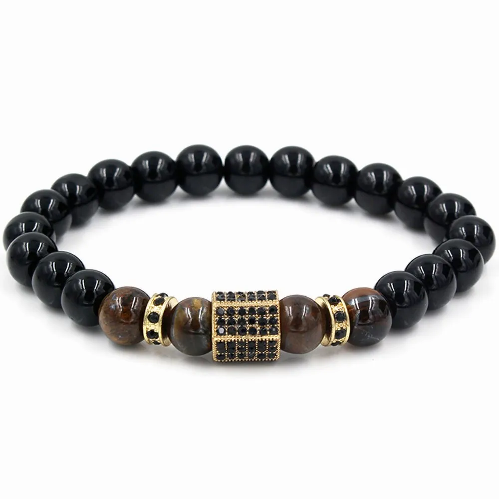 Black Diamond Tiger Eye Stone Wheel Bead Spacer Bracelet, Micro-Set Diamond Accent, Handmade Men's Fashion Jewelry Gift