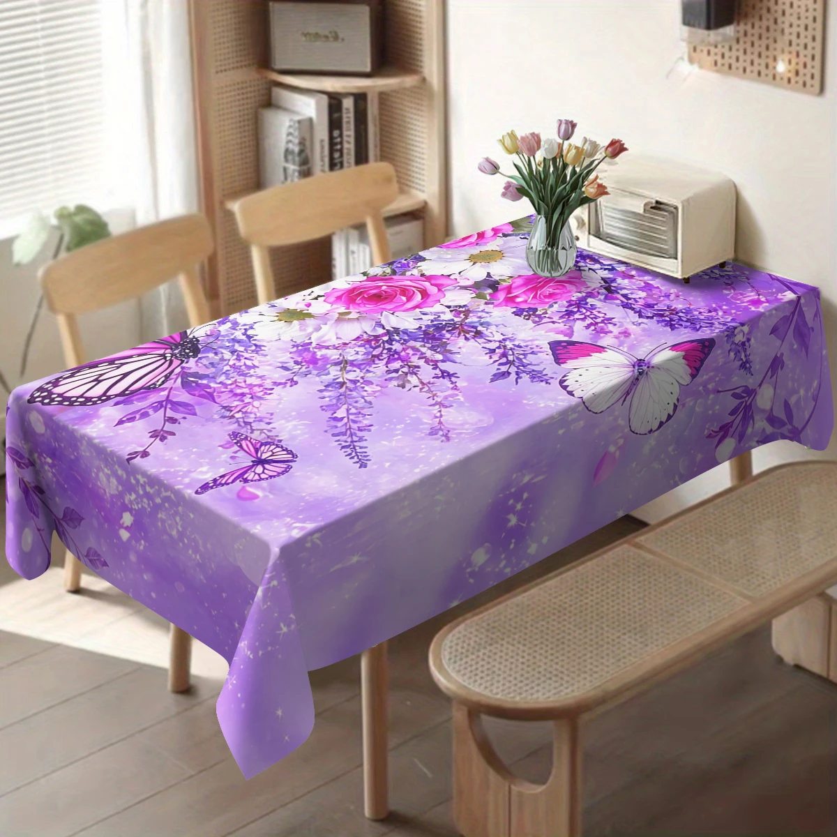 Gorgeous Butterfly & Floral Pattern Polyester Tablecloth - Decorative Table Cover for Dining Room, Stylish Home Party Decoration