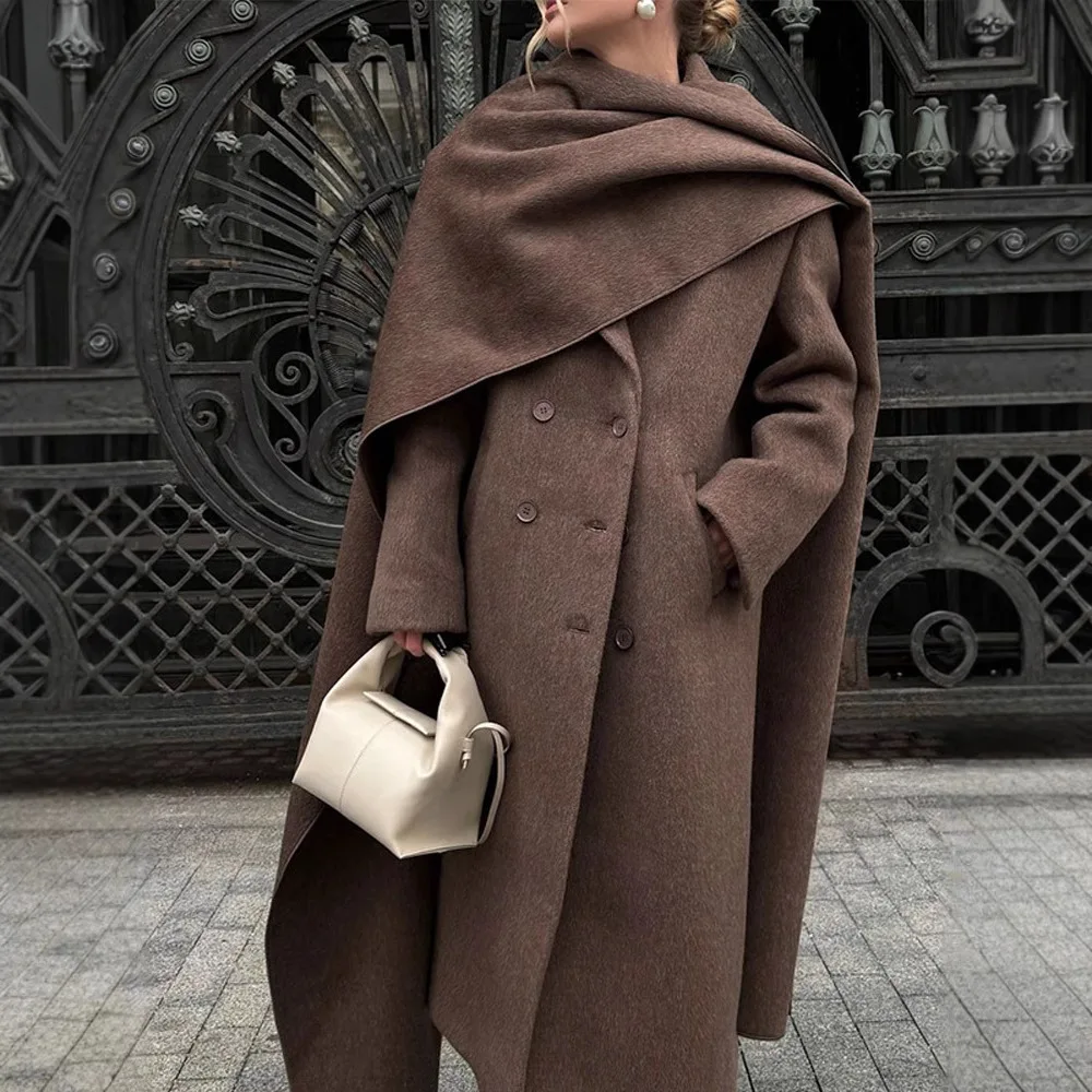 معطف نسائي بياقة وشاح بني عتيق مع حزام أنيق بأكمام طويلة وجيوب سترة صوفية ملابس خروج فضفاضة جديدة للسيدات ﻿