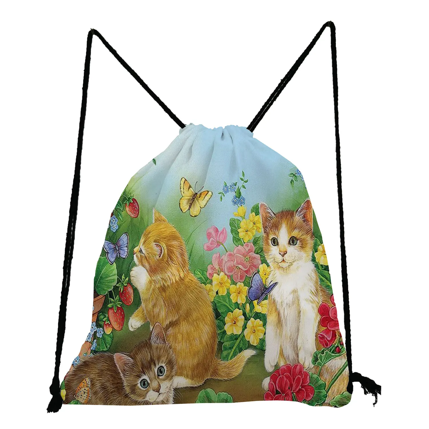 Casual Cute Floral Cat Printed Storage Softback Bags Custom Women's Backapack Gym Travel Shoes Bag Drawstring Pocket Portable