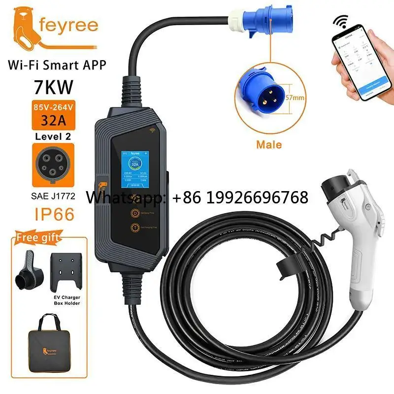 

Feyree Type1 Smart EV Charger 7KW 32A 1Phase J1772 Socket 5m Cable Portable Electric Vehicle Charger APP WIFI Control 22KW