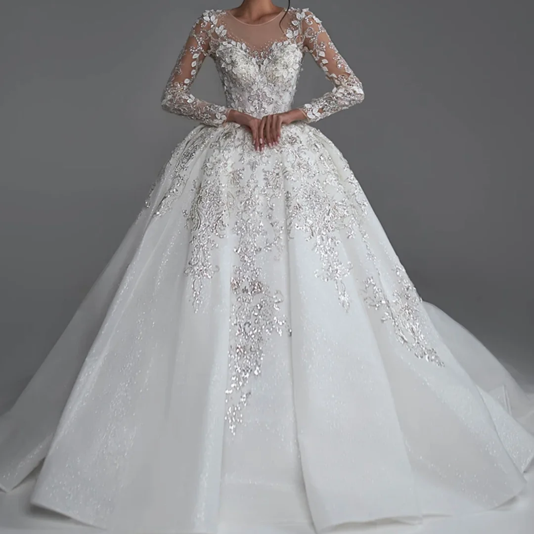 

O-Neck Long Sleeve Zipper Up Back Shiny Beading Crystal Flowers Princess Ball Gown Wedding Dresses Robe De Mariée