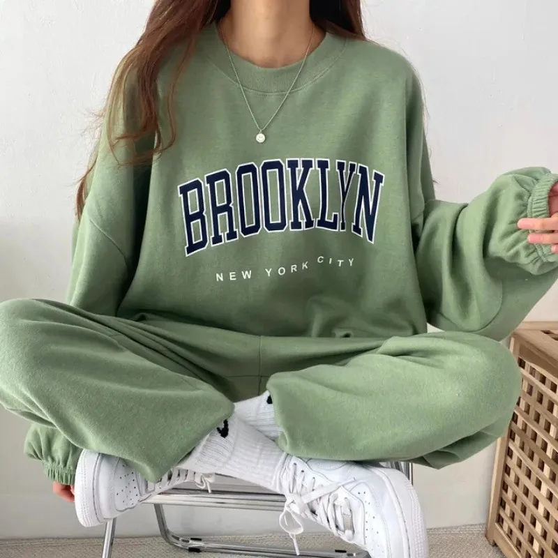 Casual Brooklyn Letter Print Fleece Sweatshirt Women Suit O-neck Two Piece Sets Womens Outfits 2023 Autumn Ladies Y2k Tracksuit