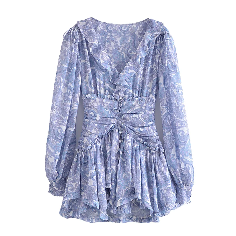 Women's Spring Casual V-Neck Ruffled Waist Lantern Sleeve Mini Dress, Perfect for Outings and Travel
