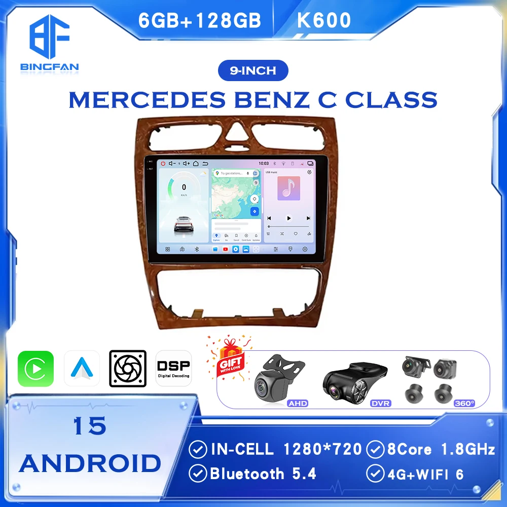 

BINGFAN Android 15 2DIN Car Radio for Mercedes Benz C Class W203 CLK W209 2002-2005 GPS Navigation 5G WiFi Multimedia Player