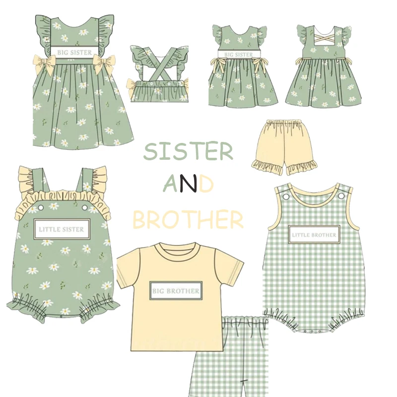 

Exquisite Summer Sleeveless Round Neck Dress Sister And Brother Pattern Green Girl Skirts And Romper Boy Yellow Top Set Clothes