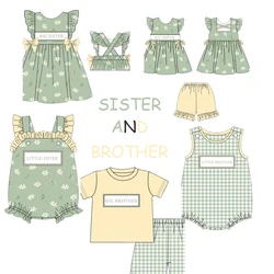 Exquisite Summer Sleeveless Round Neck Dress  Sister And Brother Pattern Green Girl Skirts And Romper Boy Yellow Top Set Clothes