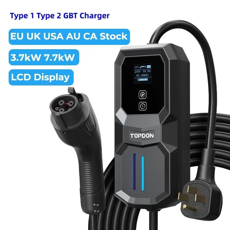 TOPDON Manufacturer PulseQ AC Portable EV Charging Level 2 Type 1 2 LCD Smart 7kW 3.7kW Electric Car Portable EV Charger Station