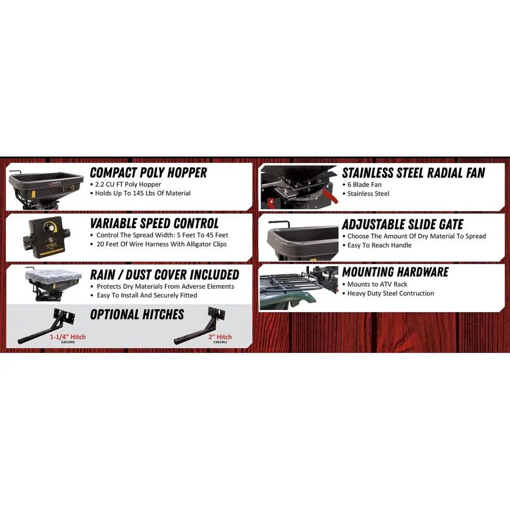 ATV Dry Material Spreader 145 lbs Capacity Polymer Hopper Adjustable Slide Gate Stainless Steel Radial Fan Variable Speed