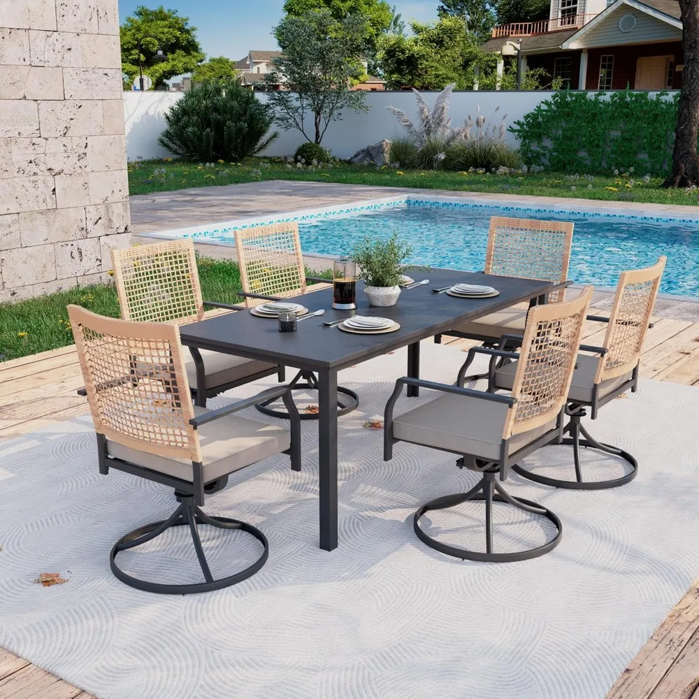 

7 Piece Patio Dining Sets, Outdoor Furniture Set of 6 Ratten Wicker Swivel Chairs with Cushions and Dining Table with Umbrella H
