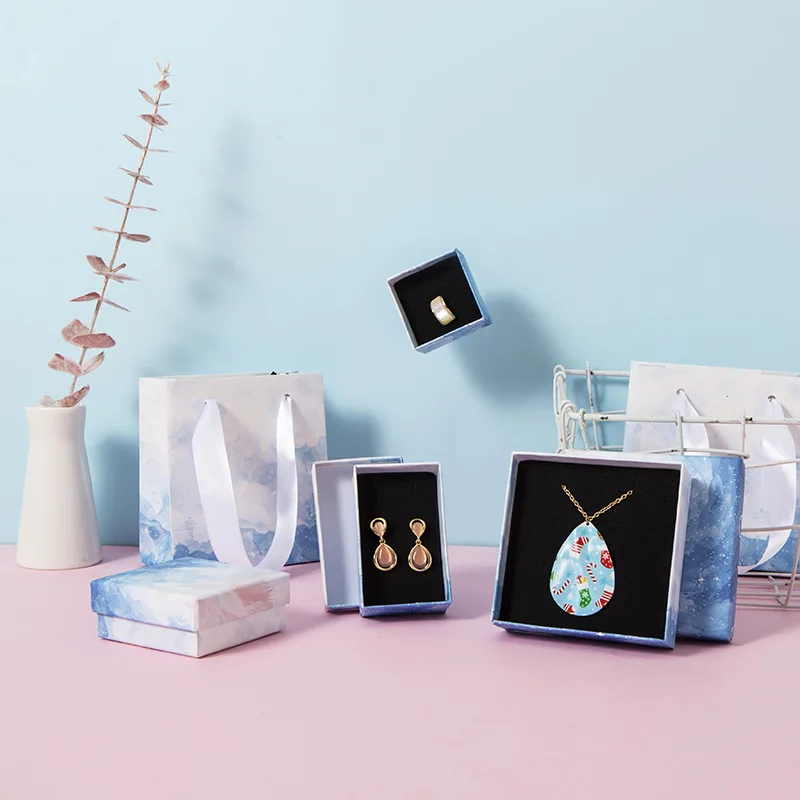 12Pcs Blue Paper Jewelry Packaging Boxes For Necklace Bracelet Brooches Earrings Jewelry Storage Case Gift Package Box Bag