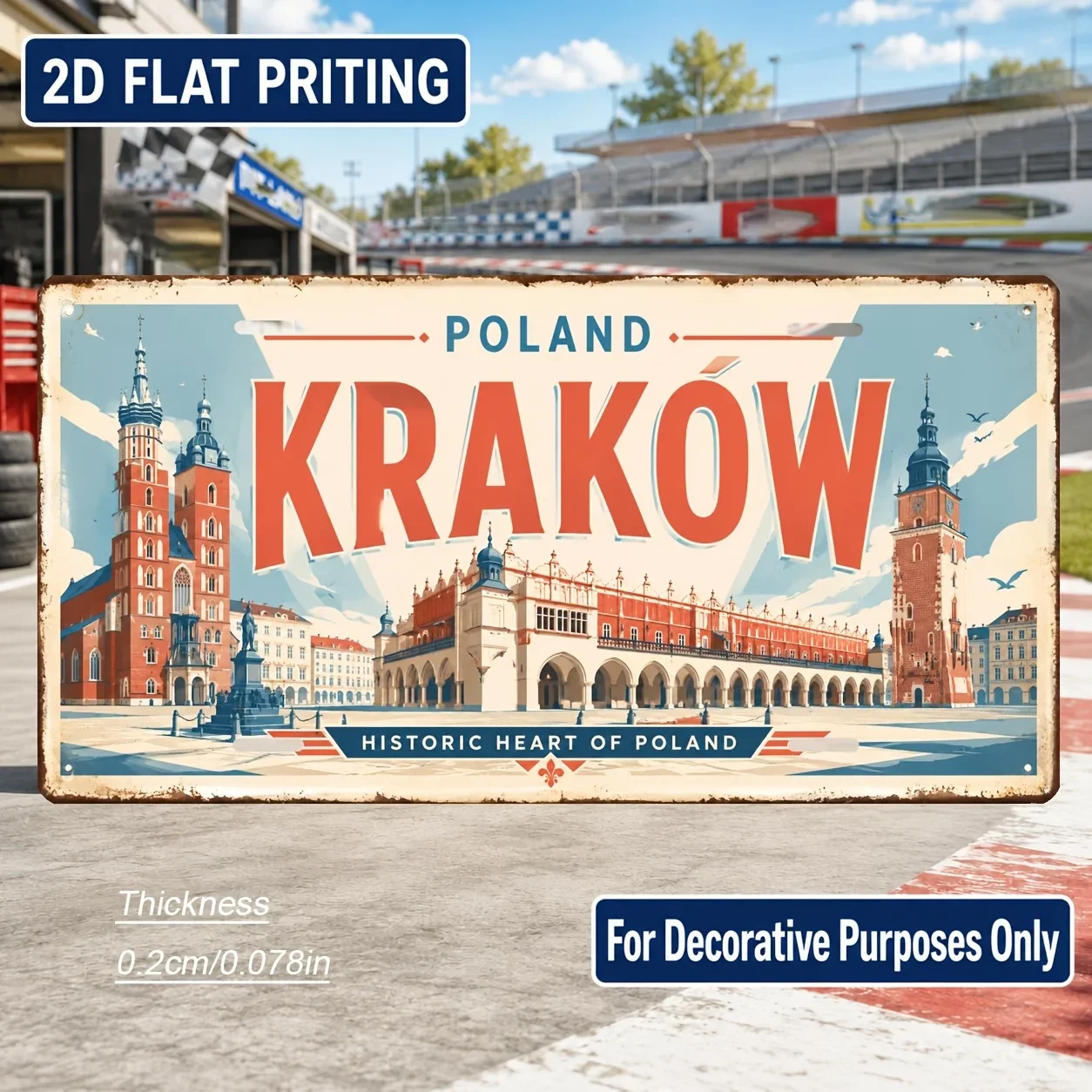2D Flat Krakow Themed Vintage Aluminum Signage, Industrial Wall Art Gift for Vintage Fans