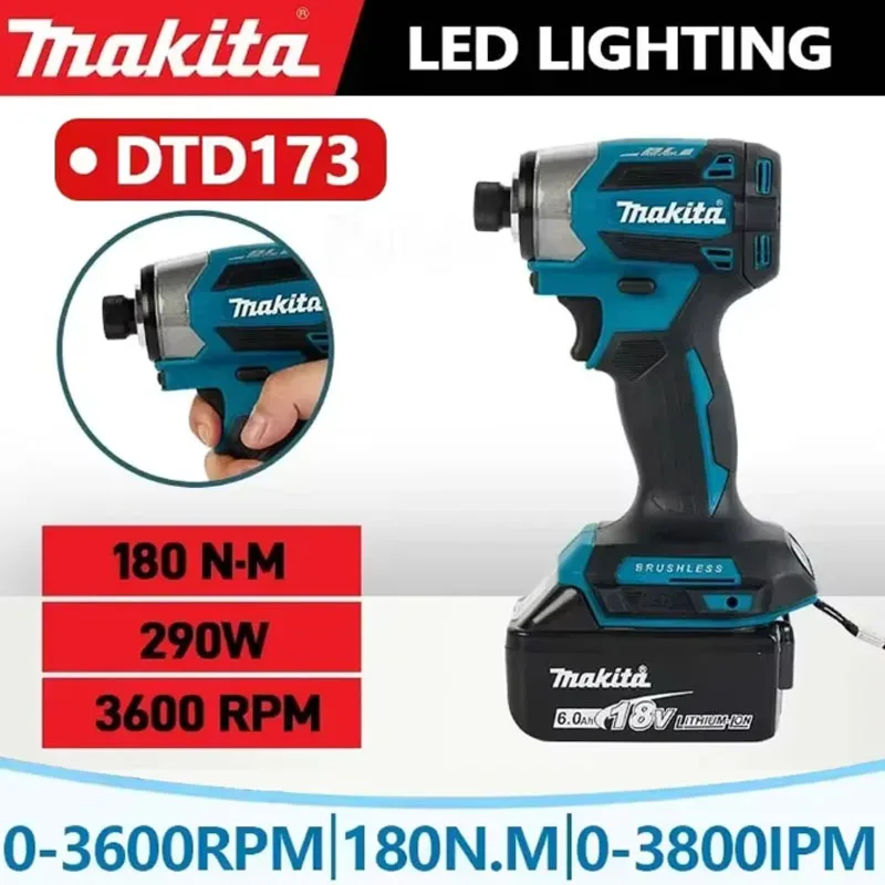 Atornillador de impacto inalámbrico Makita DTD173, 1800 RPM, 180 Nm, taladro eléctrico con motor sin escobillas y modo T para madera y tornillos, compatible con batería Makita