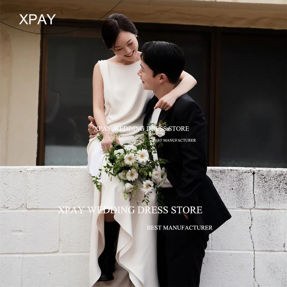 

XPAY Simple O Neck Korea Wedding Dresses Sleeveless 웨딩드레스 Beach Prom Party Photo Shoot Backless Custom Bridal Dress Cape Train