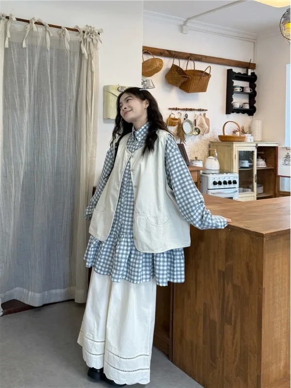 

Korean Style Fashion Set Women's Spring 2026 New Sleeveless Vest Coat Plaid Shirt Pants Three-piece Set High Waist Nine-Piece...