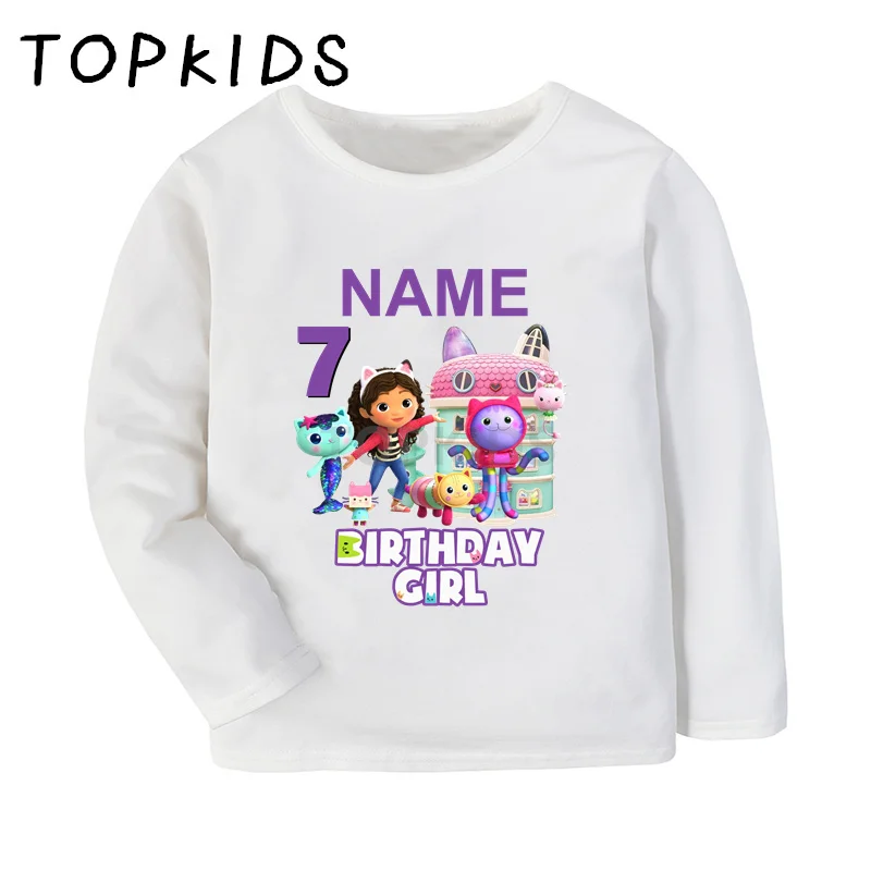 1 2 3 4 5 6 7 8 9 Years Birthday Girls T shirt Cute Gabbys Doll House Customize Name Kids T-shirts Baby Long Sleeve Clothes Gift