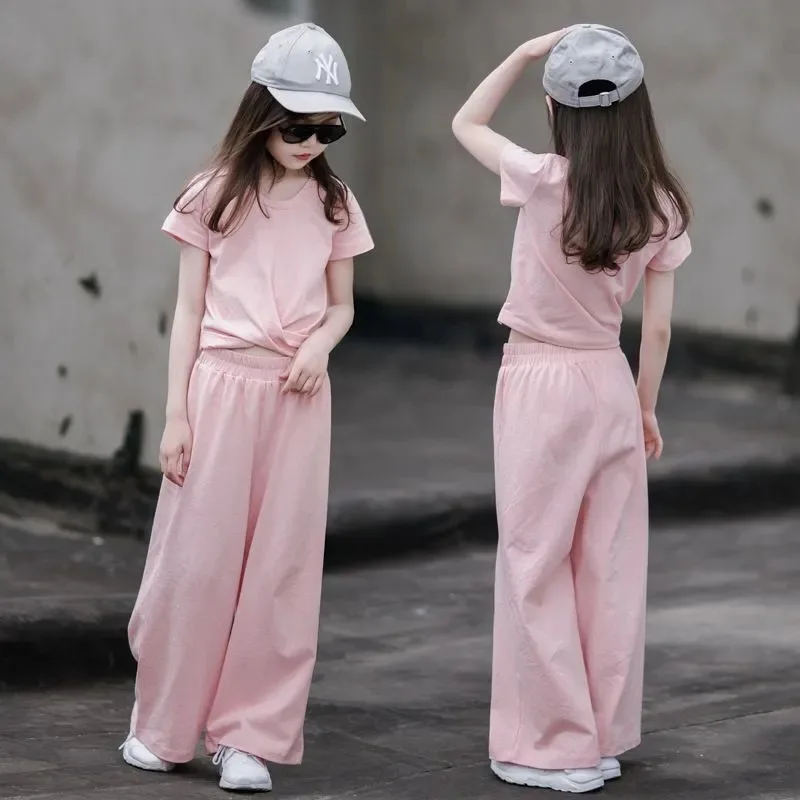 

Girls Suits Summer 2024 New Two-piece Set Short-sleeved Wide-leg Pants Children and Girls Simple Casual Style All-match Clothes