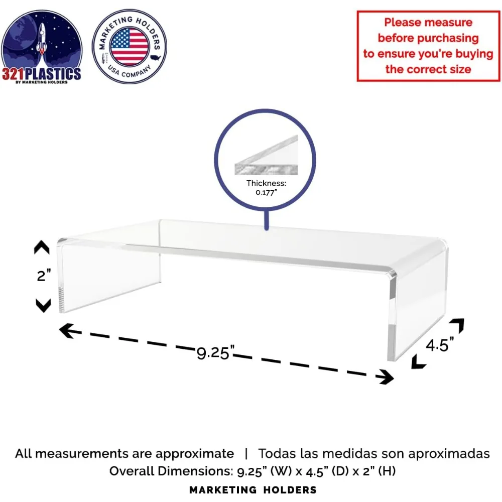 Stand display riser akrilik bening, lebar 9 inci x kedalaman 4,5 inci, platform pajangan meja persegi panjang dari bahan lucite untuk pajangan koleksi mer