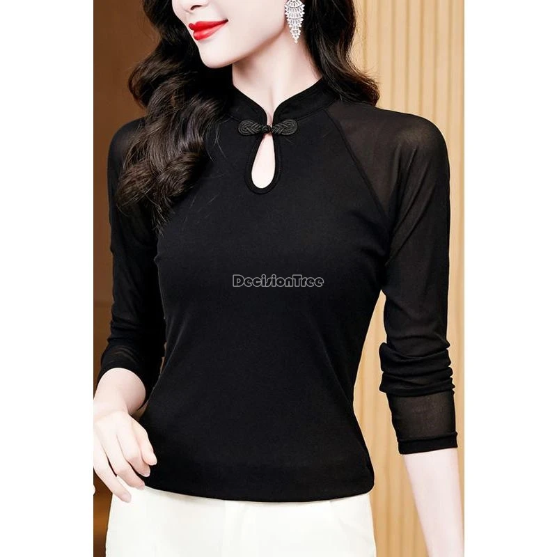 2024 black gauze undercoat qipao top women spring and autumn new retro chinese national style hollow out cheongsam blouse w910