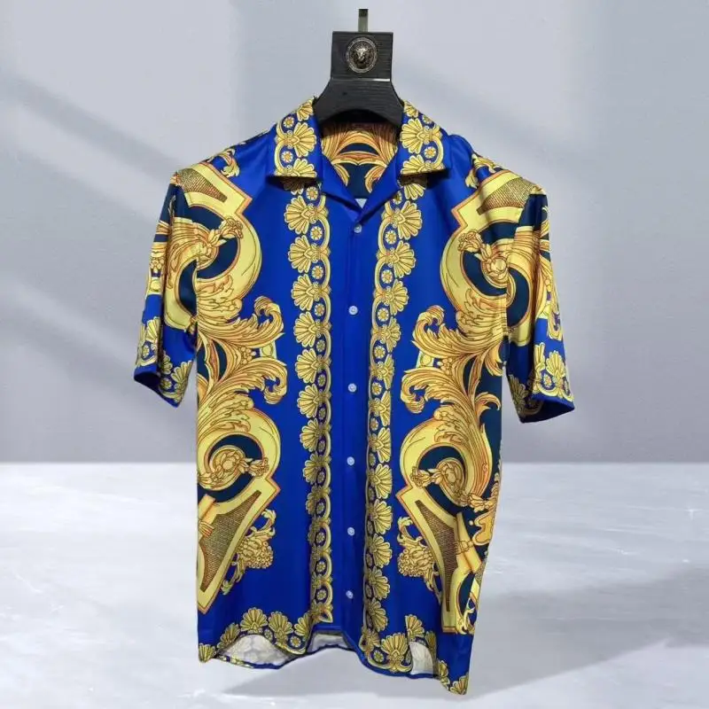 Vintage men's luxurious gold Baroque chain patterned high-quality short sleeved shirt suitable for street parties