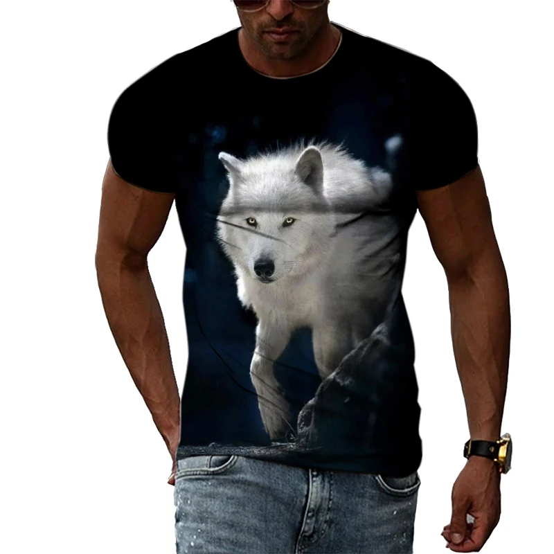 Summer Men\'s Fashion Personality T-shirt 3D Printing Ferocious Wolf Animal World Trend Street Style Round Neck Short-sleeved Top