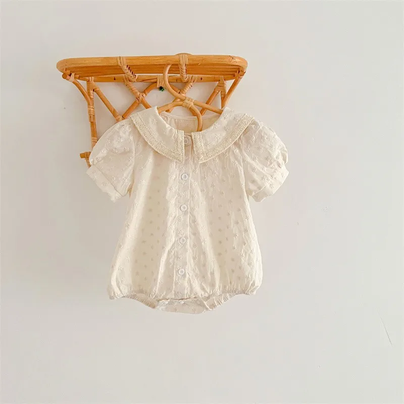 2024 New Spring Summer Baby Short Sleeve Romper Girls Small Embroidery Cotton Bodysuit Kids Beige Light Apricot Jumpsuit 0-3T