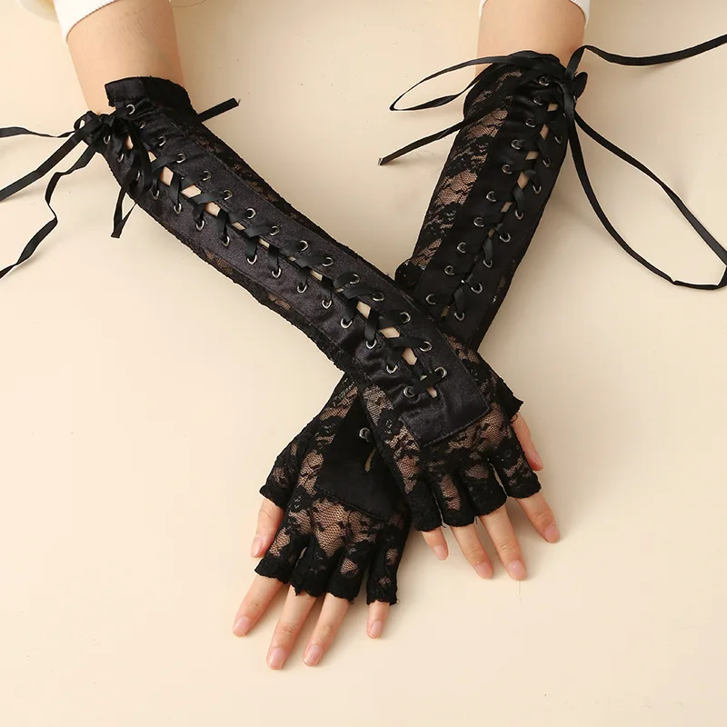 Lace Fingerless Gloves Women Long Arm Sleeves Lace Up Punk Gloves for Stage Performance Party
