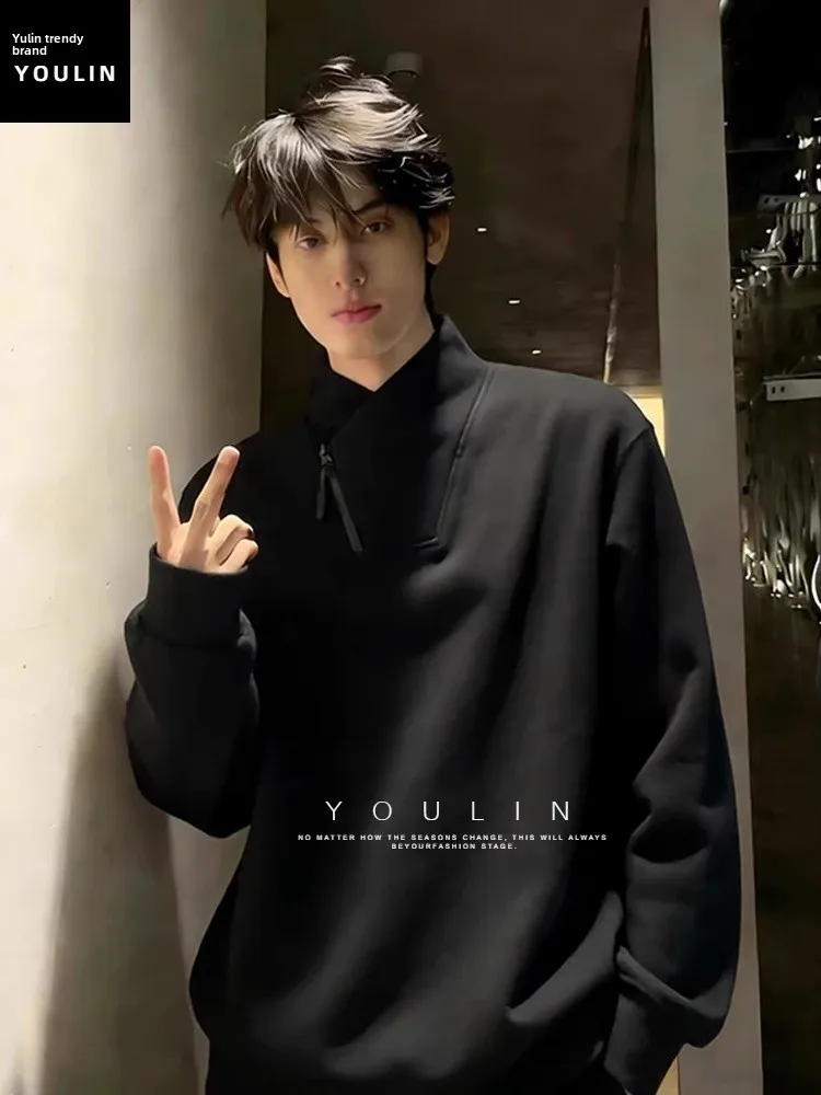 

Men's Zipper Design Stand Collar Fce Lined Long Sve T-irt Inner Wear Casual Comfortable Polyester Fiber Winter Top