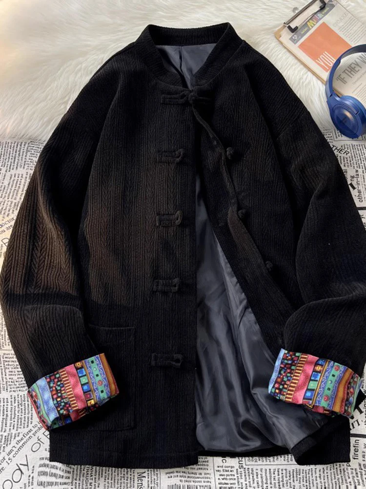 

Loose Fit Men's Corduroy Jaet Printed Ethnic Sle Top Youth Trend Long Sve Stand Collar Single Button Closure Coat
