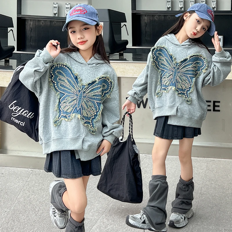 

Autumn design teenage girls butterfly hooded sweatshirt junior kids Irregular top child clothes roupas femininas infantil 4-14