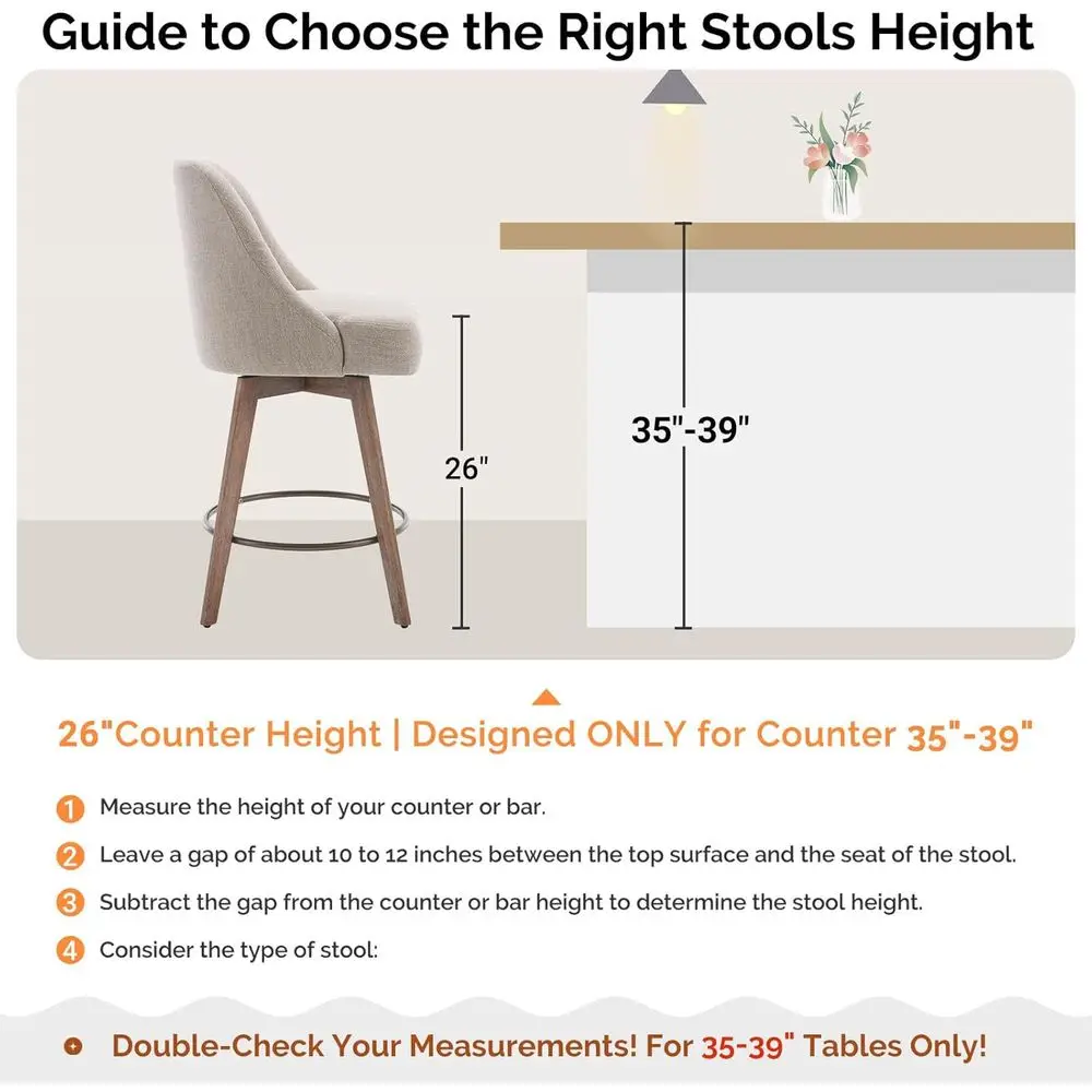 Mid-Century Swivel Bar Stools Set of 2 with Backs and Wood Legs, Linen Upholstered, 26 Counter Height Chairs, Sand