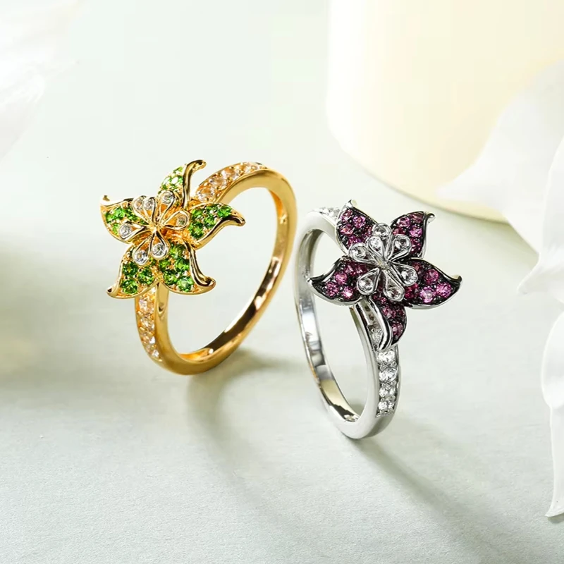 GZ ZONGFA Genuine 925 Sterling Silver Flower Pendant Ring for women Natural Diopside 14K Gold Plated Trendy Fine Jewelry