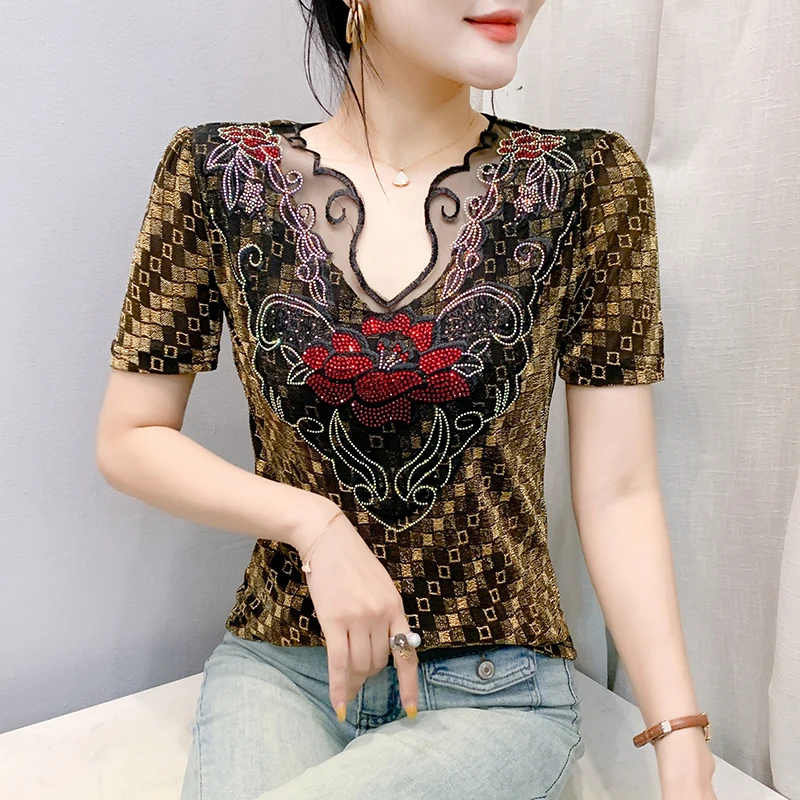Preto, verão, coreano, estilo, camiseta, chique, sexy, decote em V, patchwork, renda, carta, brilhante, diamantes, feminino, tops, manga curta, camisetas, novo,551201