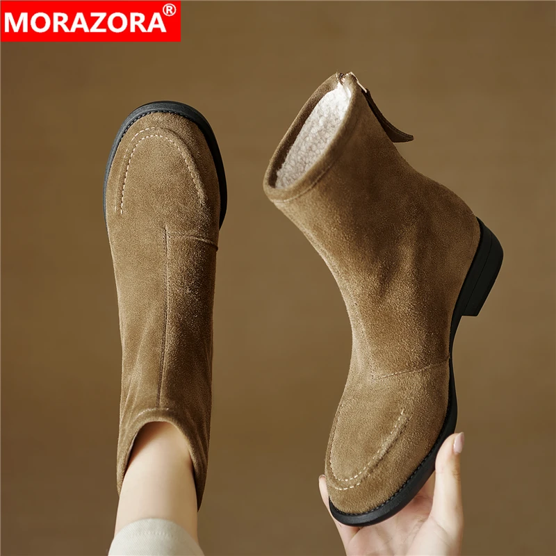 

MORAZORA 2026 New Cow Suede Leather Winter Boots Women Zipper Square Low Heels Wool Warm Snow Boots Brand Ladies Shoes