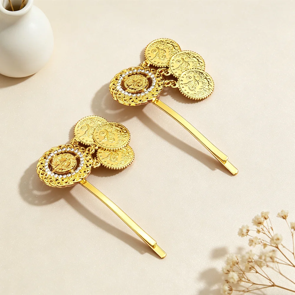

2pcs Shiny Golden Coin Hair Pins Rhinestone Inlaid Ethnic Design Hair Barrettes Cultural Bridal Wedding Hair Accessories