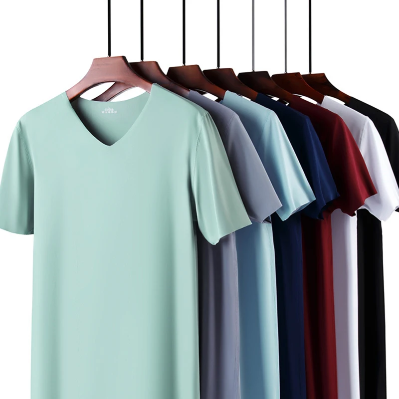 

Mens Skinny Shirt Ice Silk Basic Solid Color Breathable Seamless T Shirt Thin Slim V Neck Bottoming Shirt