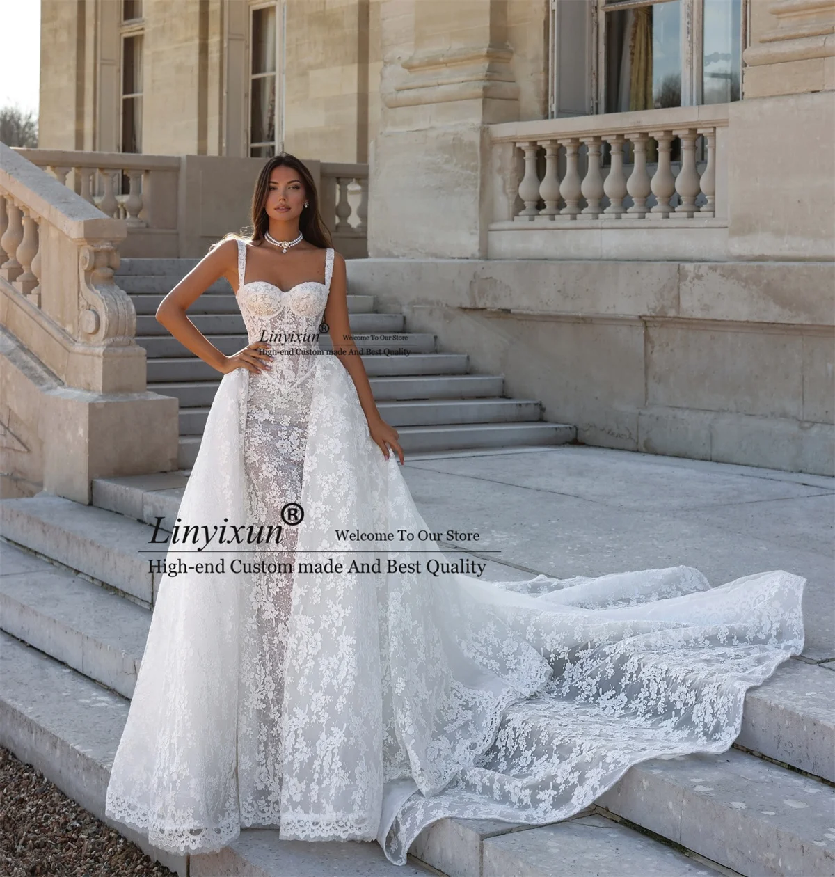 Elegant Lace Appliques Wedding Dresses With Remove Train African Bride Gowns Customized Sleeveless Bridal Vestido De Novia