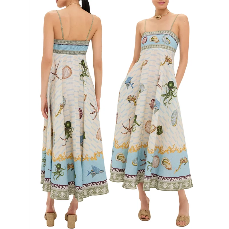 NEW-여성용 여름 보헤미안 맥시 드레스 스파게티 스트랩 플로잉 그래피티 롱 A라인 선드레스
