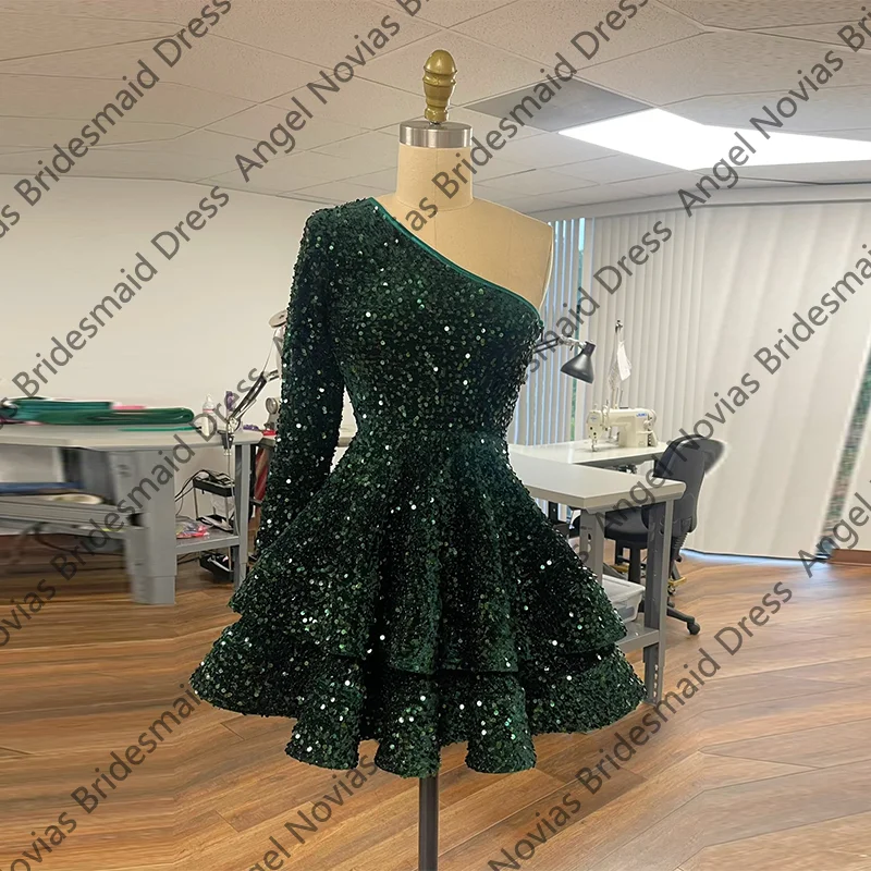 

One Shoulder Plus Size Tiered Skirt Mini Dark Green Prom Dressses Customized Vestidos De Gala Graduation Birthday Party Dresses