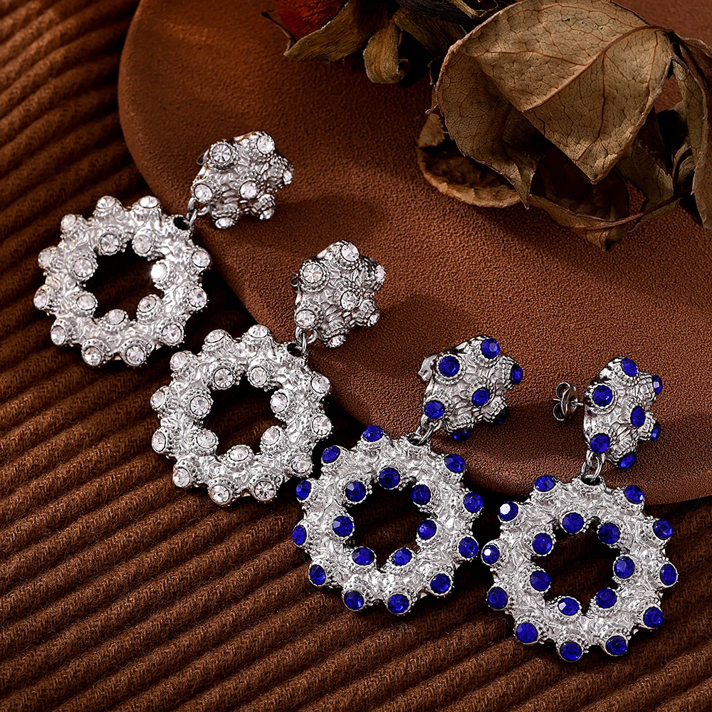 Beautiful Stainless Steel Necklace Earrings For Women Carving Flower Rhinestones Inlaid Pendant Shiny Chain Luxury Charm Jewelry image 5