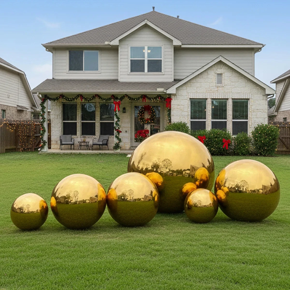 6PCS Inflatable Disco Mirror Ball, Giant PVC Airtight Shiny Hanging & Standing Reflective Balloon, Gold  Metallic Sphere Balloon Ball  for Wedding, Party, Stage Event Decoration