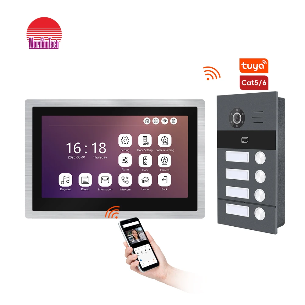 New Arrival TCP/IP Building Intercom System Color Monitor And Waterproof IP65 Camera Doorbell Kit For 4families Use