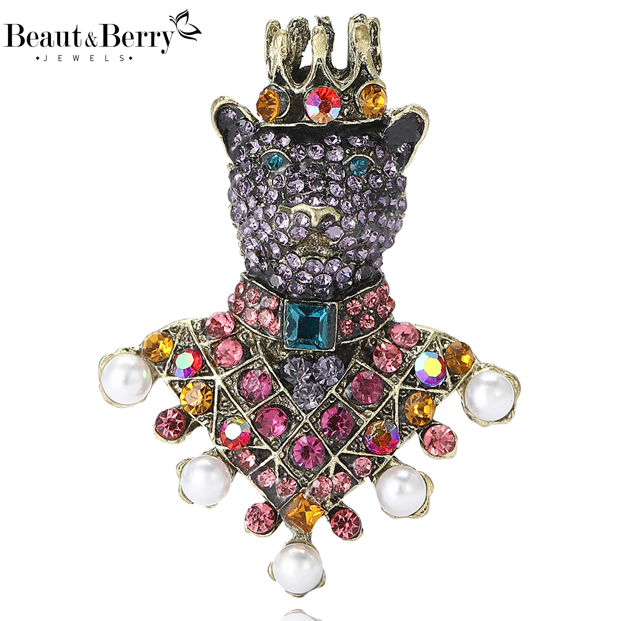 Beaut&Berry Trendy Rhinestone Crown Bear Brooches for Women Animal Pins Casual Party Accessories New Gifts Friends Decoration