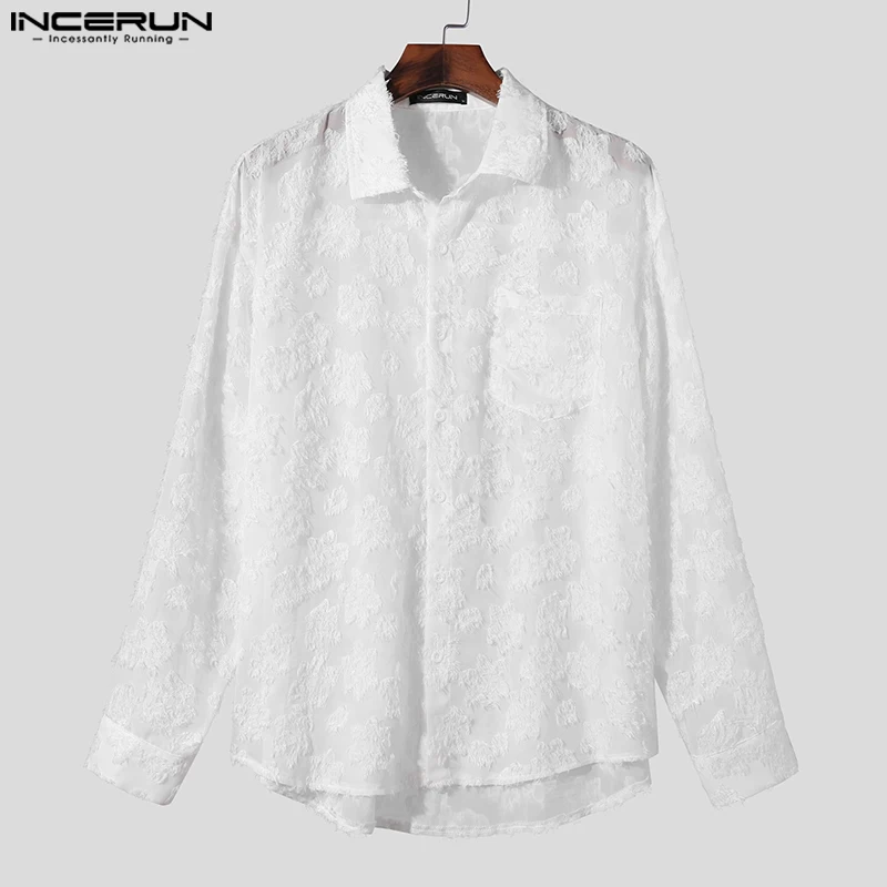 INCERUN Tops 2024 Handsome New Men\'s Perspective Solid Printed Tassels Design Shirts Casual Male Long Sleeved Lapel Blouse S-5XL