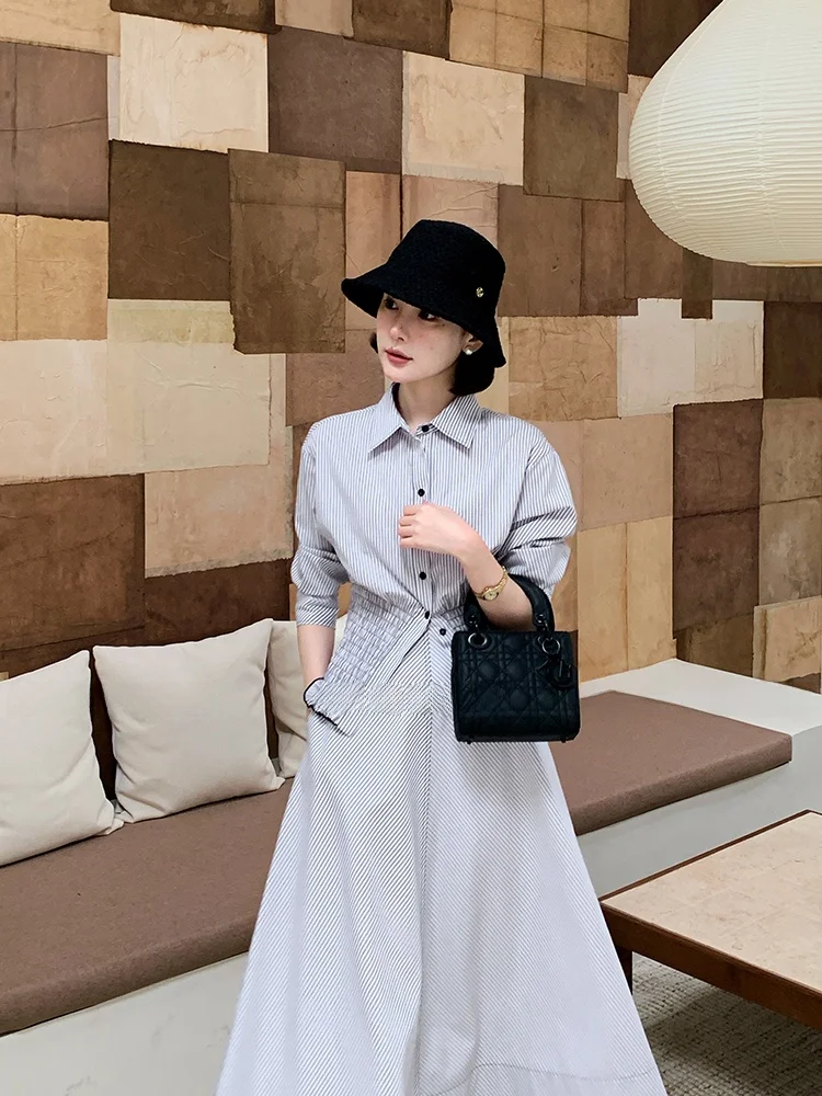 

Spring Fashion Women's Cotton Stripe A-Line Skirt Set with Gathered Waist Design Top And Half-length Sleeve Mid-length Skirt
