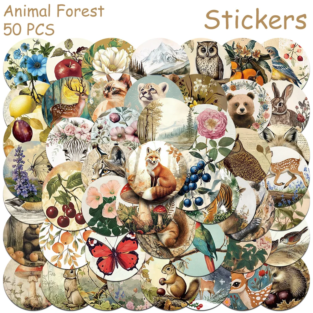 

50pcs Cartoon Animals Forest Stickers Decals For Laptop Suitcase Refrigerator Skateboard Guitar DIY Vintage Waterproof Stickers