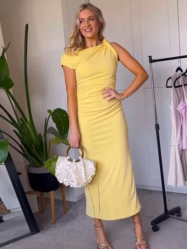 Imagen 2 del producto MUJER-Vestidos largos drapeados para mujer, vestido largo amarillo sin mangas, vestido largo asimétrico para mujer, vestidos de fiesta de verano para mujer